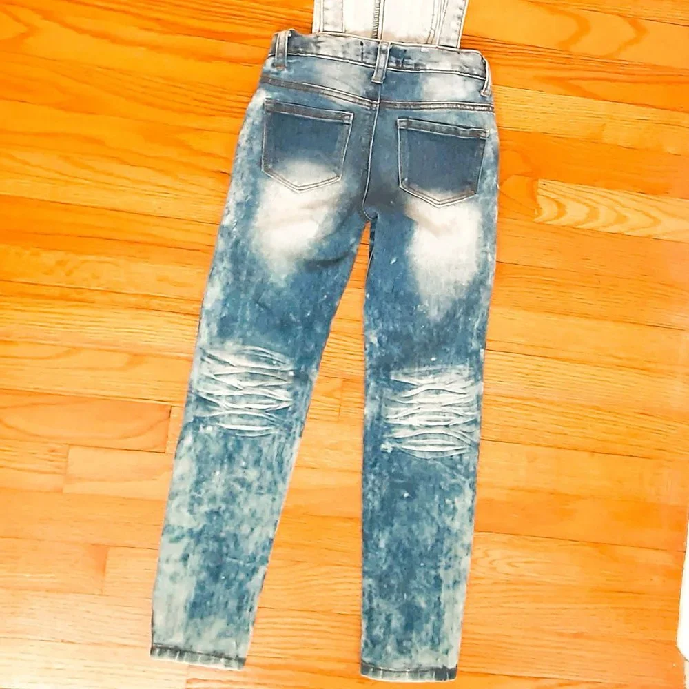 Girl's Acid Washed Denim Overalls Size 7 Distressed Jeans with Pockets